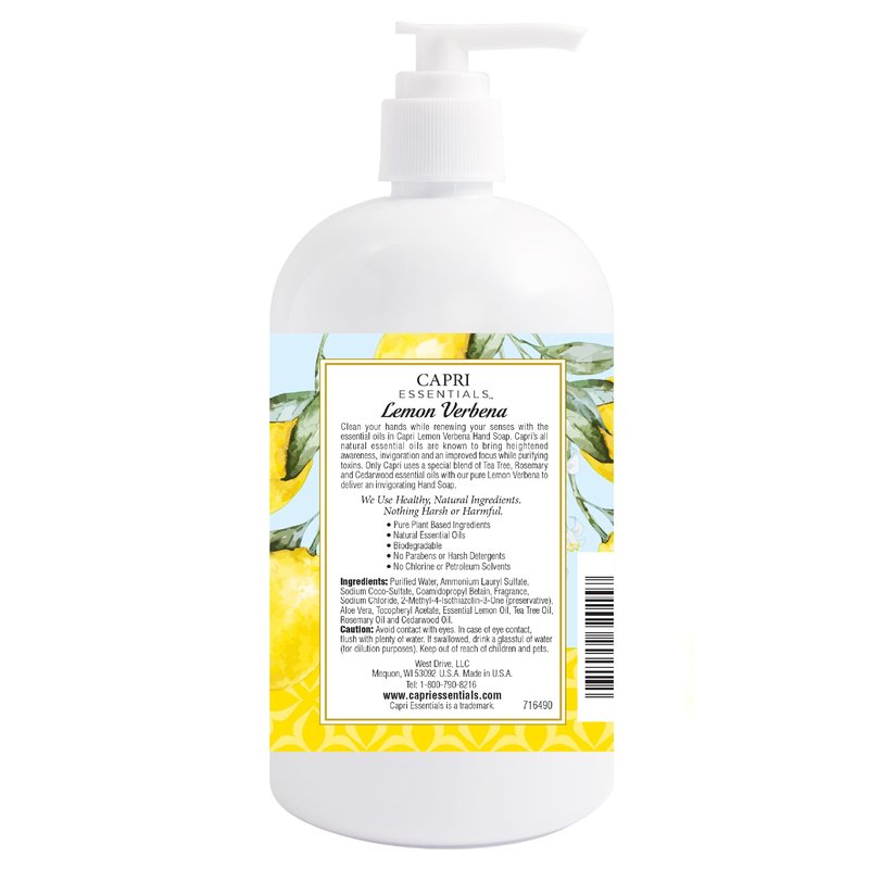 CAPRI ESSENTIALS Hand Soap Liquid, Natural Household Cleaning Supplies, Gentle Plant Based Aromatic Hand Wash, Blend of Essential Oils, Removes Dirt & Grime, Lemon Verbena Scent, 16 FL Oz (3 Pack)