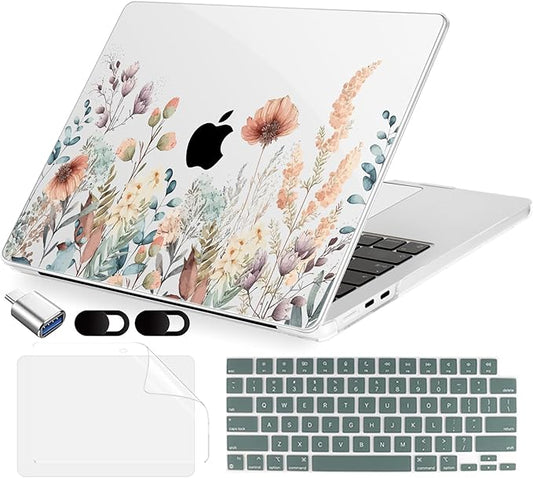 MecBevia Compatible with 2026 M5 MacBook Air 15 inch Case, 2026 2025-2023 M5 A3448 M4 A3241 M3 A3114 M2 A2941, Keyboard Cover, Screen Protector, Webcam Cover & Type-C OTG, Abstract Flower