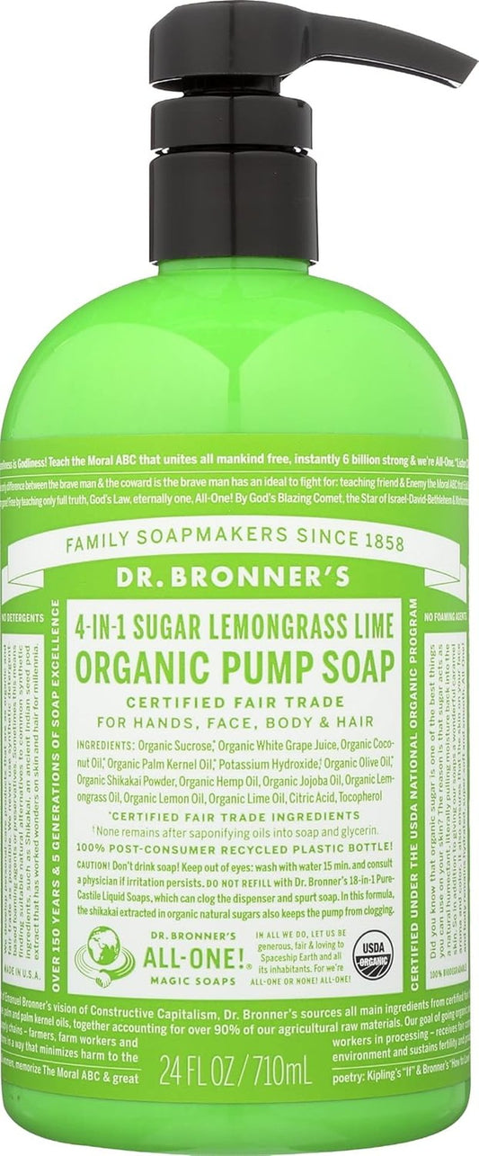 Dr. Bronner's Organic Liquid Soap - 4-in-1 Sugar Lemongrass Lime | Vegan, 24 Fl Oz