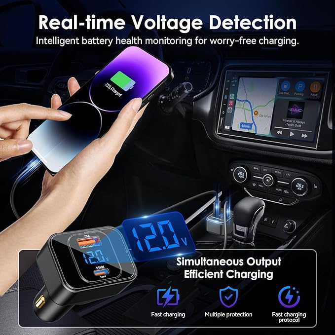 Ushigoo Fast Car Charger for iPhone 17 Sumsung Fast Charging Cigarette Lighter Adapter Accessories, Multi Device Family Travel Road Trip Essentials, 170W USB C 12V-24V 140W PD3.1, LED Display