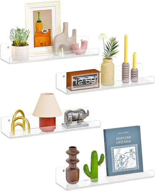 Dooiclear Floating Wall Shelves - 15" Clear Acrylic Display Shelves for Home & Office Decor