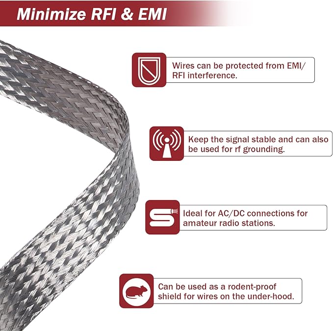 BuyUneed Tinned Copper Metal Braid Sleeving Wire Shielding Sleeve Braided Copper Ground Straps EMI/RFI Interference Expandable Flat Mesh Shielding Cable for Protect Wire (1/2inch-13ft)