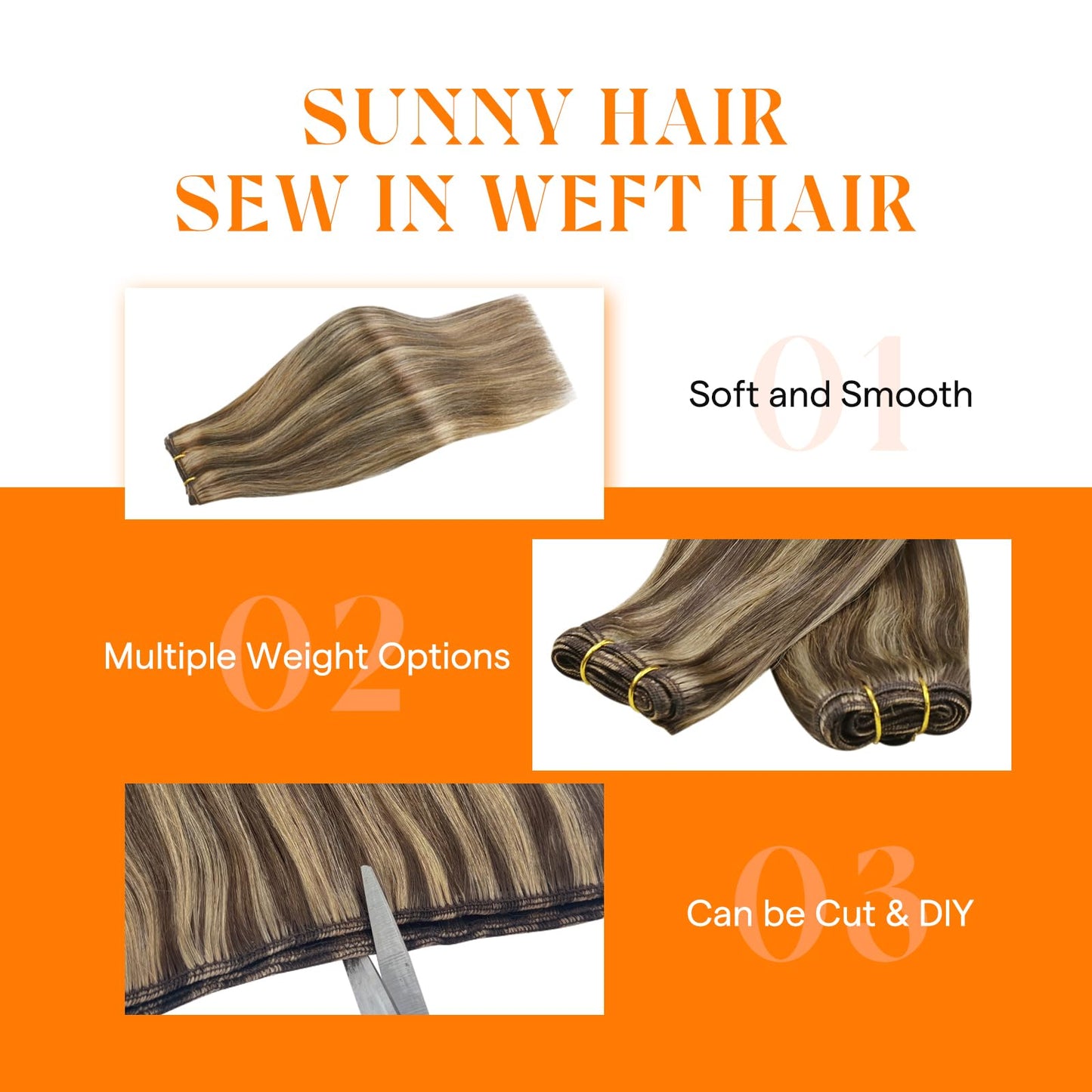 Sunny Hair Sew in Hair Extensions Real Human Hair 100G Highlights Long Hand-Tied Weft Bundles 18 Inch Dark Brown Mix Caramel Blonde Add Volume Can be Styled Natural Look