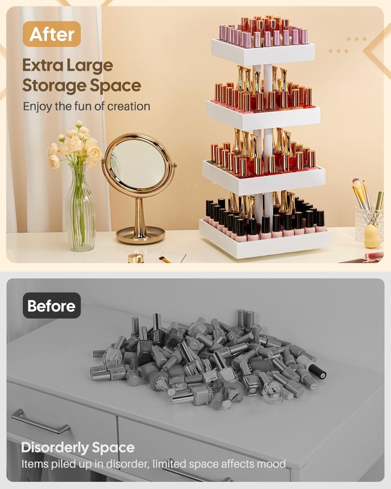 Nail Polish Display Stand - 360° Rotating Bamboo Rack Organizer | 4-Tier Makeup Holder for Easy Access - White