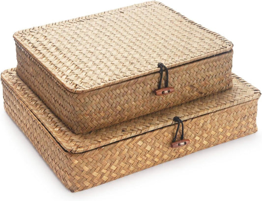 Seagrass Storage Baskets - Decorative Wicker Baskets with Lid for Organized Shelving | Shallow Design