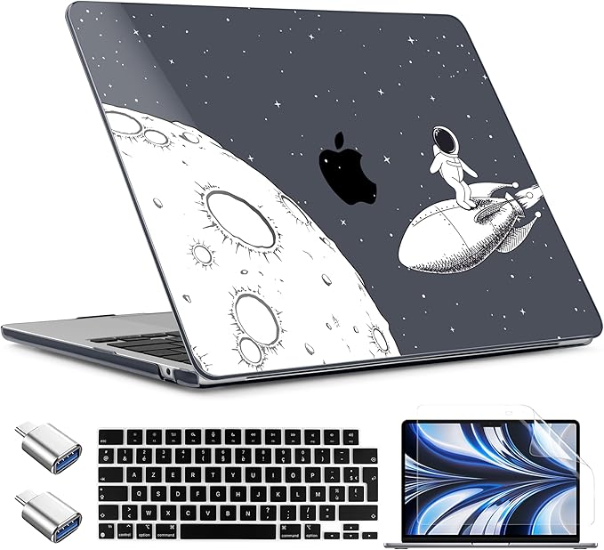 TWOLSKOO for MacBook Air 15 inch Case 2026 2025 2024 2023 Release M5 A3448 M4 A3241 M3 A3114 M2 A2941, Plastic Hard Shell & Screen Protector & Keyboard Cover & Type C Adapter, Flying Astronauts