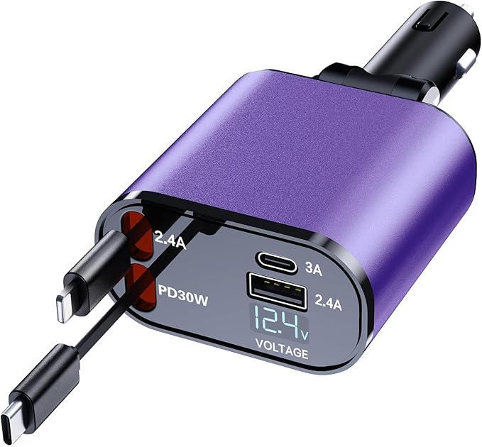 Mifanstech Retractable Car Phone Charger, 4 in 1 Fast Charge Car Phone Charger with 2 Retractable Cables(2.6ft) and 2 USB Ports, Compatible with iPhone15/14/15 Pro Max,Samsung (Purple)