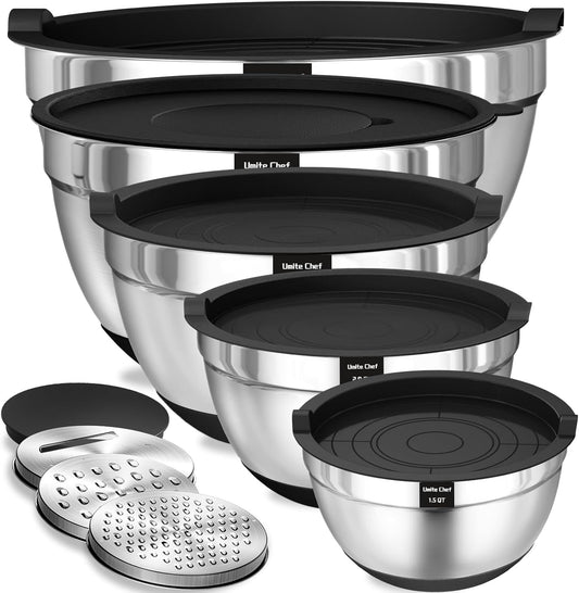 Umite Chef Mixing Bowls - 8PCS Stainless Steel Set with Airtight Lids & Grater Attachments | Non-Slip Bottoms, Black, 1.5QT to 5QT