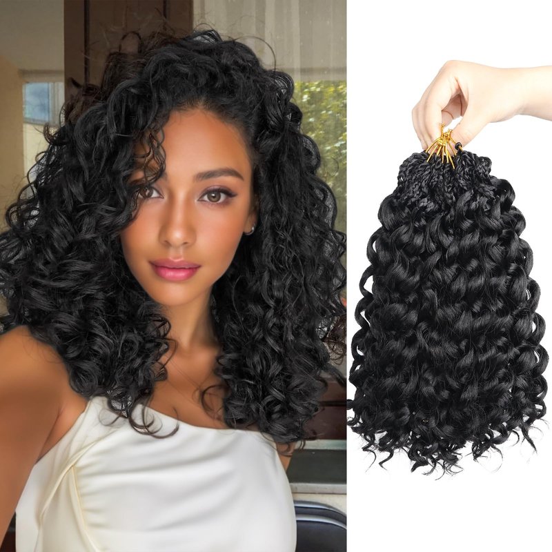Mebeli GoGo Curl Crochet Hair,12inch Pre Looped Water Wave Beach Curl Ocean Wave Crochet Braiding Hair,8pcs Box Braids Short Curly Crochet Hair for Black Women (12inch,#1B)
