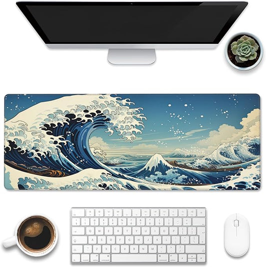 Eflxamz Desk Mat,Blue Japanese Sea Wave Desk Pad,Japanese Sea Wave Large Gaming Mouse Pad for Desk,Extended Big Computer Keyboard Mouse Pad with Non-Slip Base and Stitched Edge,31.5"x11.8"