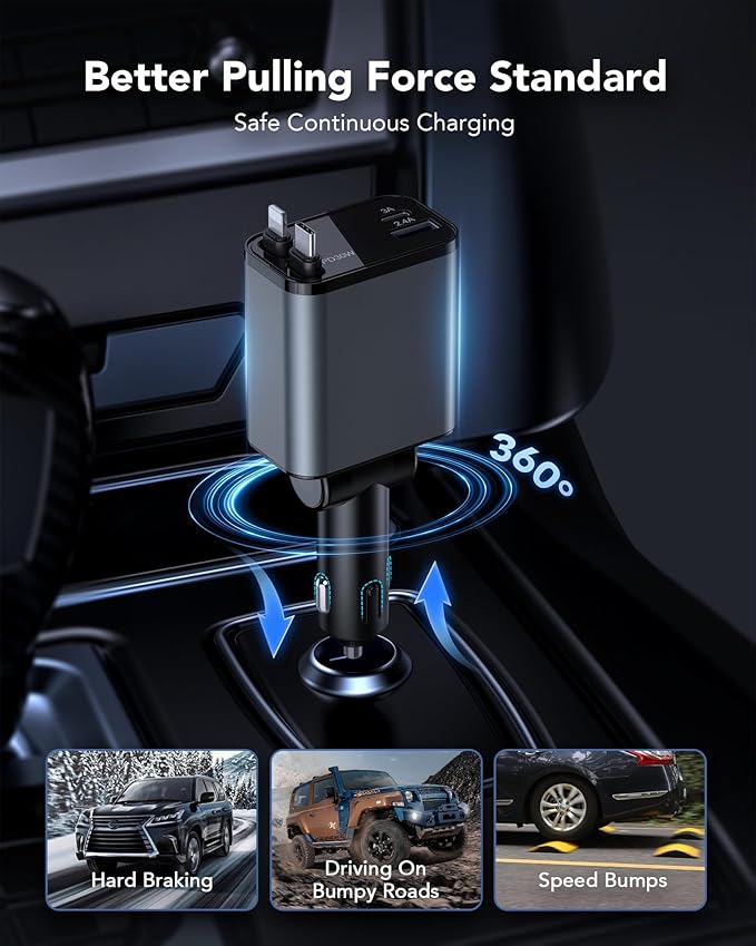 2026 Updated 85W Retractable Car Charger, 4-in-1 Fast Car Phone Charger with 2.6ft Two Retractable Cables and USB C+USB A Car Charging Block Cube, Compatible with iPhone 13 14 15 16 17 Pro Max, Plus