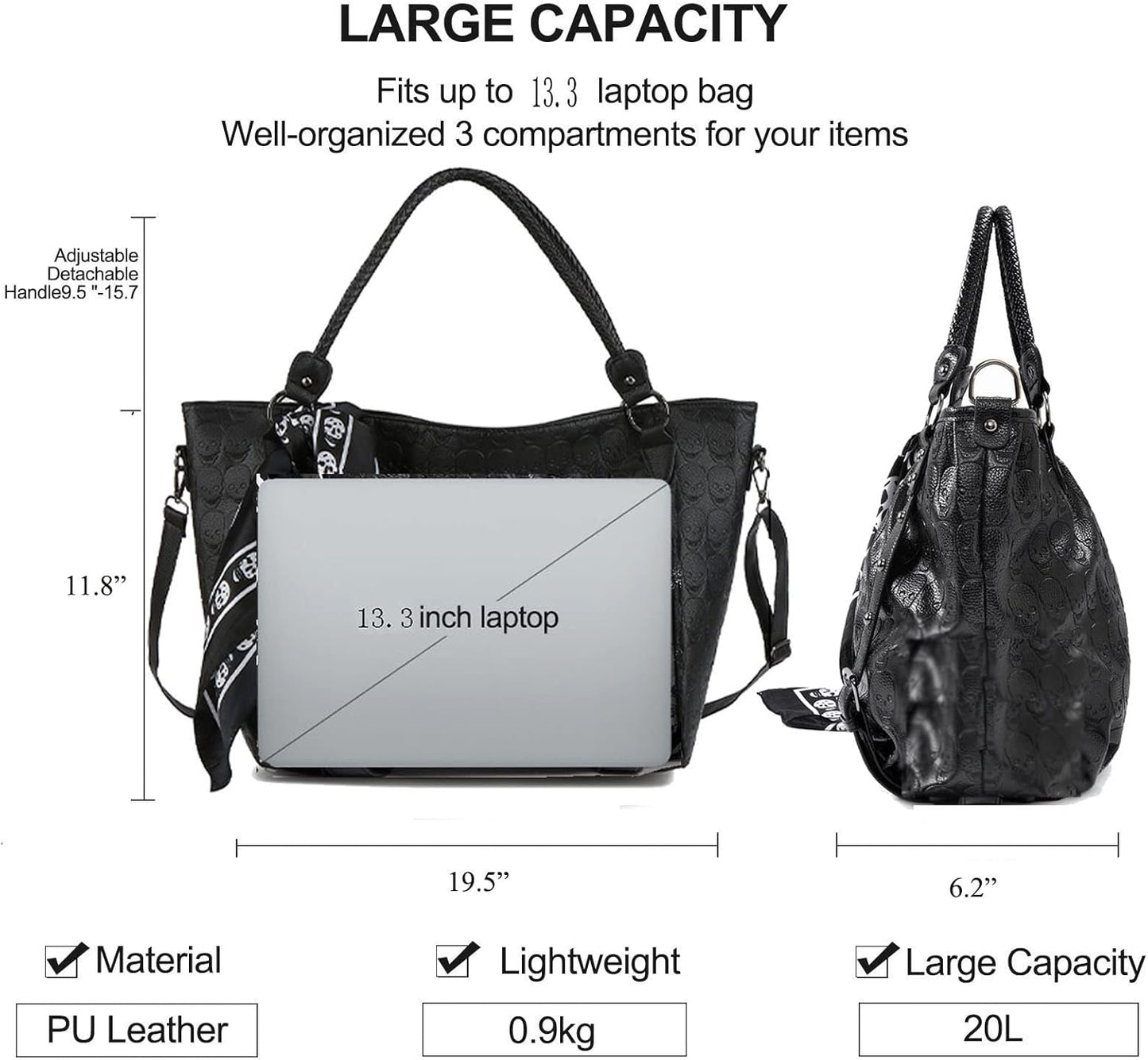 Zuoge Women’s Skull Tote Bag - Studded PU Leather Handbag with Purse & Scarf Set (3 Pieces)