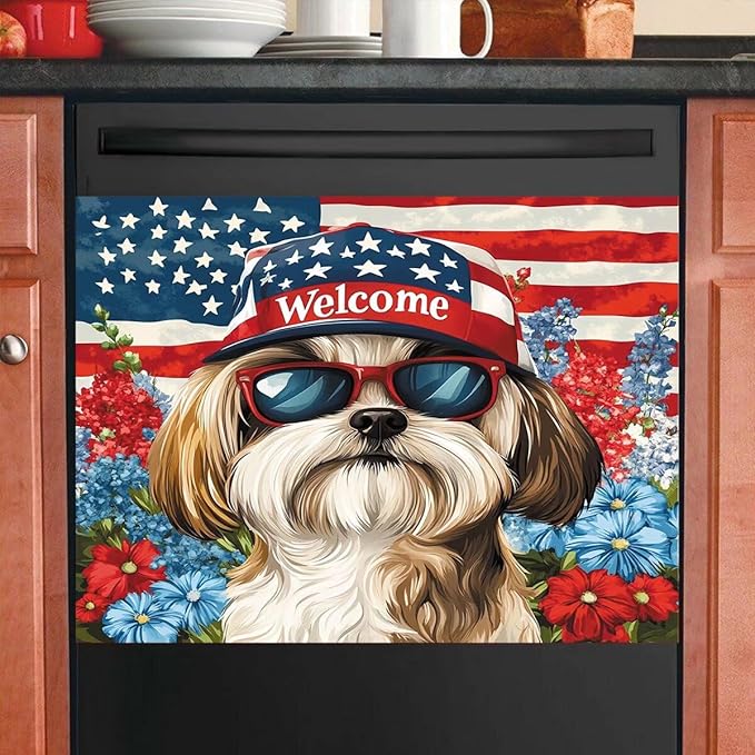 American Flag Pet Dogs Magnetic Sticker Dishwasher Cover Kitchen Decor, 23x17inch Floral Dishwasher Magnet Cover, Patriotic Dishwasher Decal, Refrigerator Panel,Magnetic Dishwasher Sticker
