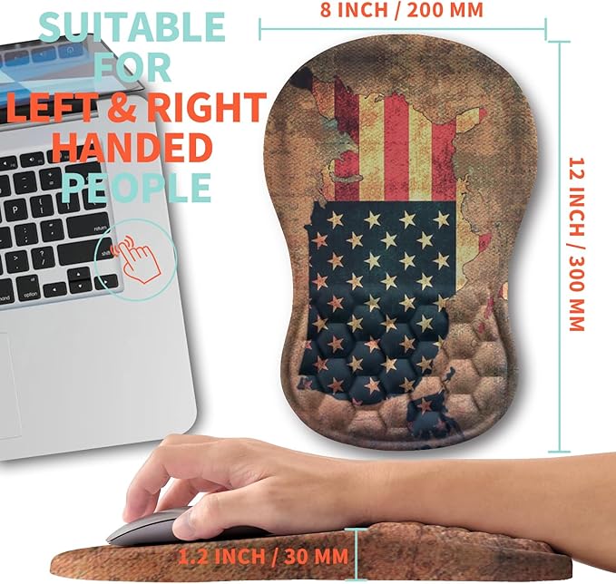 Kuosgm Ergonomic Mouse Pad Wrist Support with Memory Foam Massage Bulge, Carpal Tunnel Pain Relief Mousepad Wrist Rest for Mouse(12x8 inch, USA Flag Map)