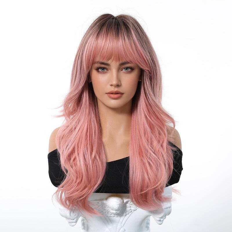 Osicapea Ombre Pink Wigs with Bangs for Women, Natural Wavy Curly Hair Woman Heat Resistant Synthetic Wig 22 Inch Long Wig for Women's Cosplay Costume Party Daily Use