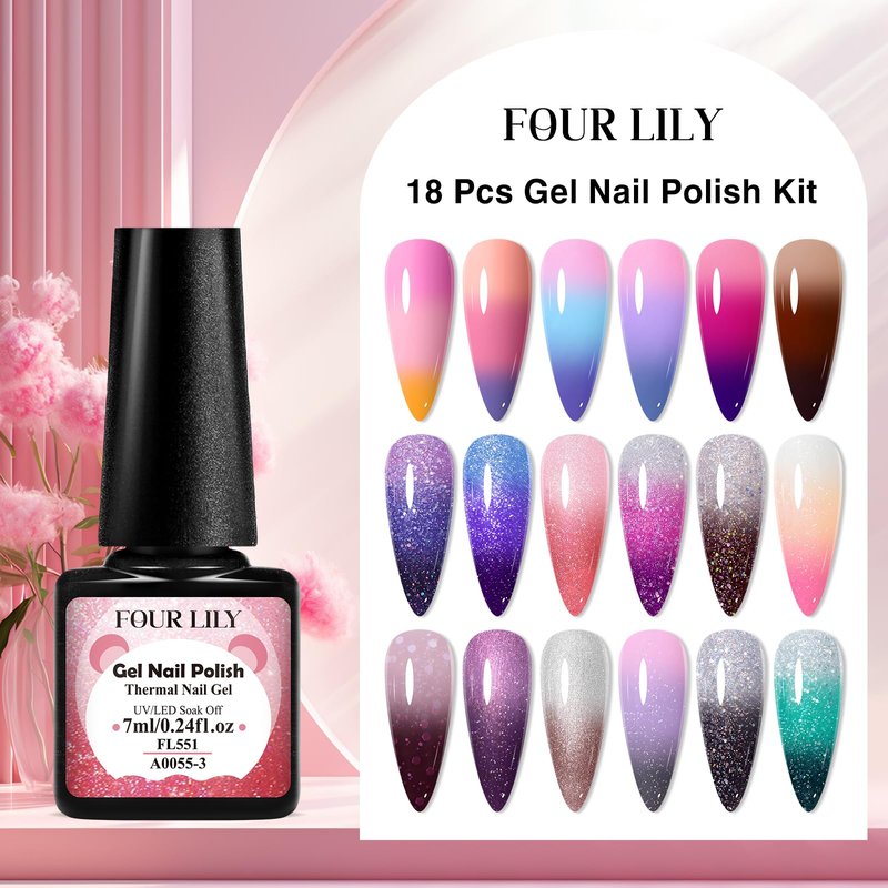 Four Lily Color Changing Gel Nail Polish Set, 18 Temperature Mood Changing Colors Red Pink Purple, Soak Off UV Light Cure Gel Polish for Salon and Nail Art DIY at Home