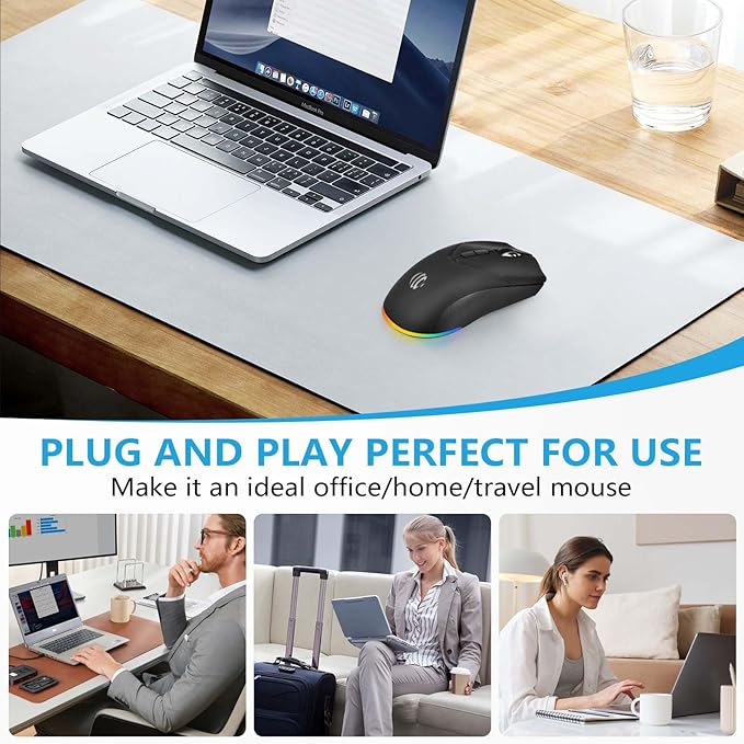 Mouse Wireless, Bluetooth Rechargeable Mouse, Dual Mode BT 5.2 + 2.4G USB Silent Wireless Bluetooth Mouse, RGB Ergonomic Portable 3-Level 1600 DPI Mouse for Laptop, iPad, MacBook Air Pro, PC, Black