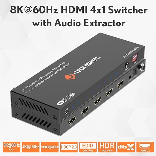 J-Tech Digital 8K HDMI Switch 4 in 1 Out 8K@60Hz 4K@120Hz 1080P@240Hz, HDMI Audio Extraction to Optical & 3.5mm, HDR HDCP 2.3 EDID Control, Compatible with PS5 PS4 Xbox Switch Apple TV Roku Fire TV