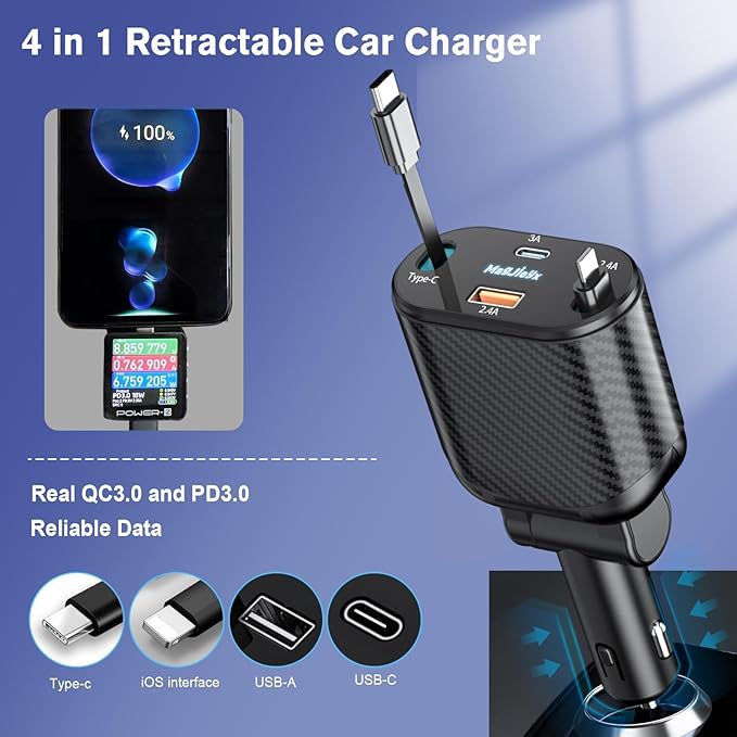 MAGJIEYX Retractable Car Charger, Fast Charging Adapter 62W Type-C/USB-i Cables and USB C/USB A QC & PD Ports for iPhone 17/16/15/14/13/12Pro Max Plus,iPad,AirPods, Galaxy