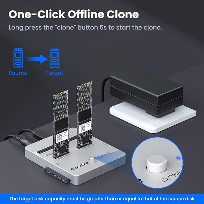 Coolpie CR311 3-in-1 SSD Cloner, USB3.2 Gen2*2 M.2 Reader, Supports M.2 NVMe/SATA, SATA 2.5''/3.5'' HDD