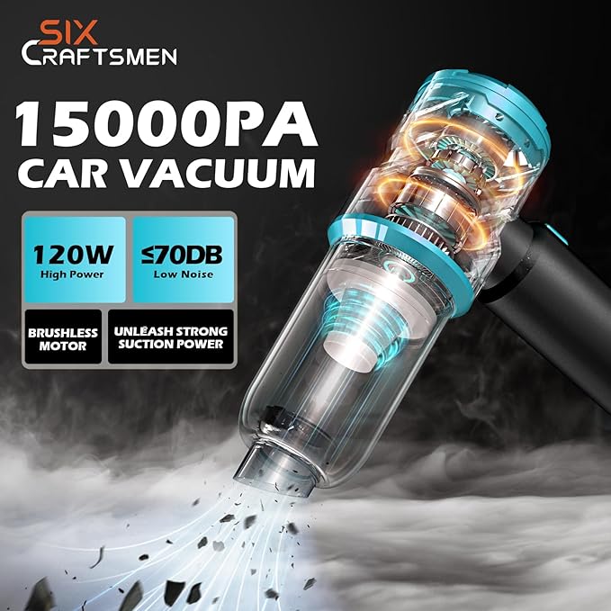 SIX CRAFTSMEN Car Vacuum Cleaner, 4-in-1 Cordless Rechargeable Mini Vacuum with Air Duster