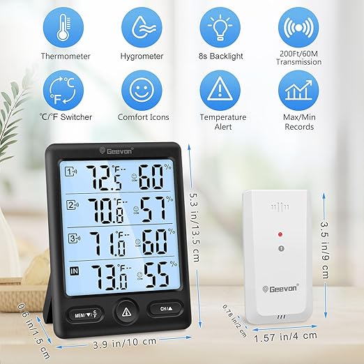 Geevon Indoor Outdoor Thermometer Wireless 3 Remote Sensors, 5-Inch Display Digital Hygrometer Thermometer Temperature Humidity Monitor with 8S Backlight, Battery-Powered