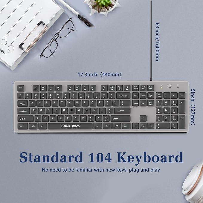 MIKUSO Wired Keyboard with Cover, 104 Keys Laser-Etched Non-Fade, 1.6m USB-A Cord, Spill-Resistant with dust-Proof Film, Full Size for Windows Mac PC Laptop, Office Home Business Programming