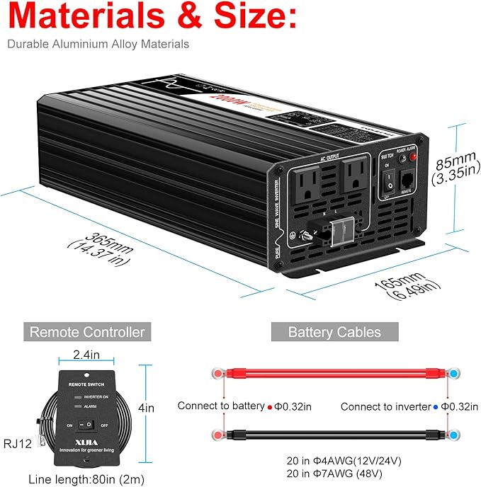 Xijia 2000W Pure Sine Wave Inverter, 48V to 120V AC Power Converter for Winter Home Backup, Solar Systems, RV and Truck Cold-Weather Use, Remote & Bluetooth Control, with 2×20A AC Sockets, 4000W Peak
