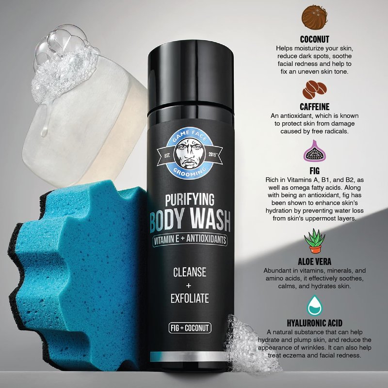 Game Face Grooming Body Wash – Men’s 12 Fl Oz Shower Gel | Cleanses, Exfoliates, And Hydrates Your Skin And Face| Plant Based And Sulfate Free | Fig & Coconut Scent