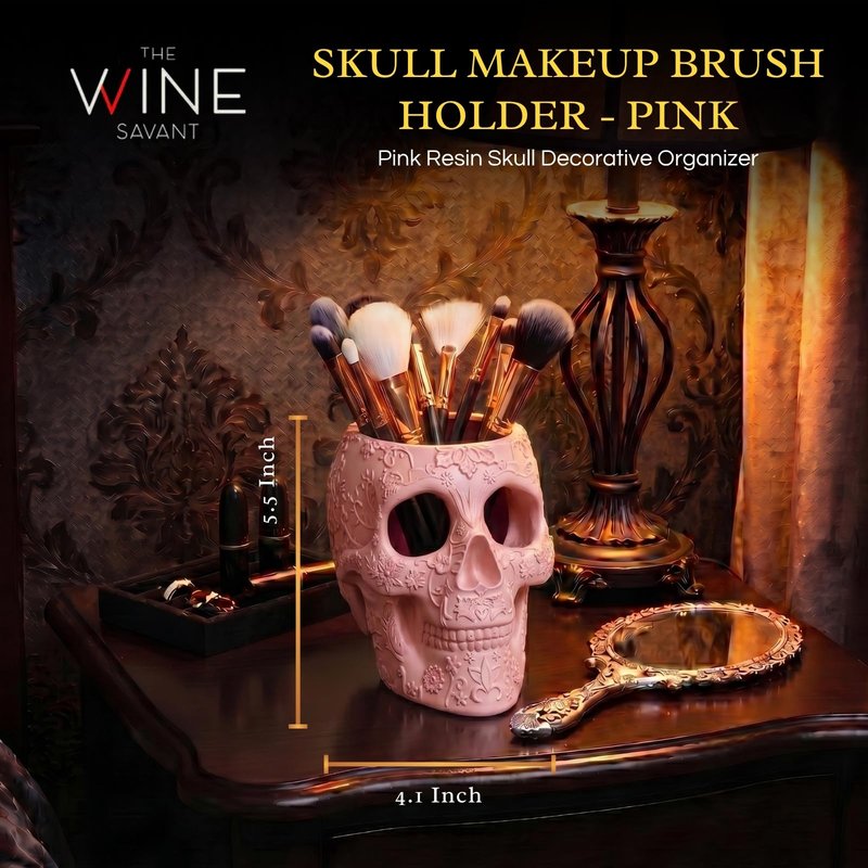 Skull Makeup Brush Holder, Pen Holder, Vanity, Desk, Office Organizer, Stationary, Decor Planter, Candy Bowl, Goth Decorations, Extra Large, Skulls Gothic Skull & Bones Organizer Bathroom (Cloud Pink)
