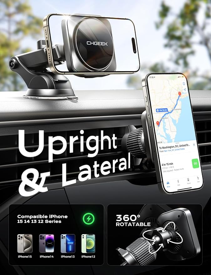 CHGeek for 15W Magsafe Car Mount Charger, Wireless Car Charger Magnetic Car Phone Holder Mount Fit for iPhone 16 15 14 13 12 Magsafe Case, Vent/Windshield/Dash Phone Mount Holder Fast Cooling Charger