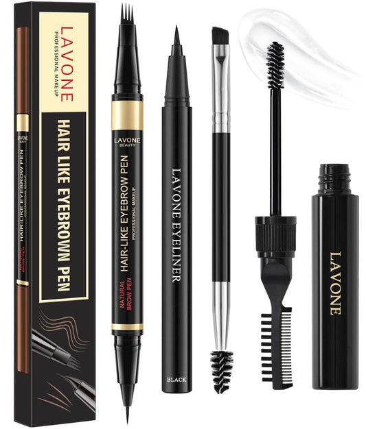 LAVONE Eyebrow Makeup Kit, Waterproof Eyebrow Pen, Brow Wax and Eyeliner Set with Dual-Ended Brow Brush for Naturally Fuller Brows, Smudge-Proof (Dark Brown)