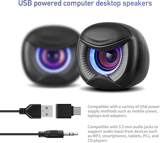 Elimavi USB Computer Speakers, 3.5mm Aux Speaker and USB Powered Interface are Suitable for Desktop Laptop Monitor, Owl Eye Design, Includes a USB-C Adapter, Blue Lights
