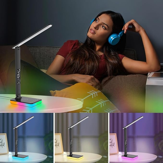 oviouit LED Desk Lamp for Home Office, USB Charging Port, Reading Lamp Desk Light with 5 Brightness, 3 Colors, Table Lamp with Clock, Alarm, Date, Temperature, Desk Lamp for College Dorm Room (Black)