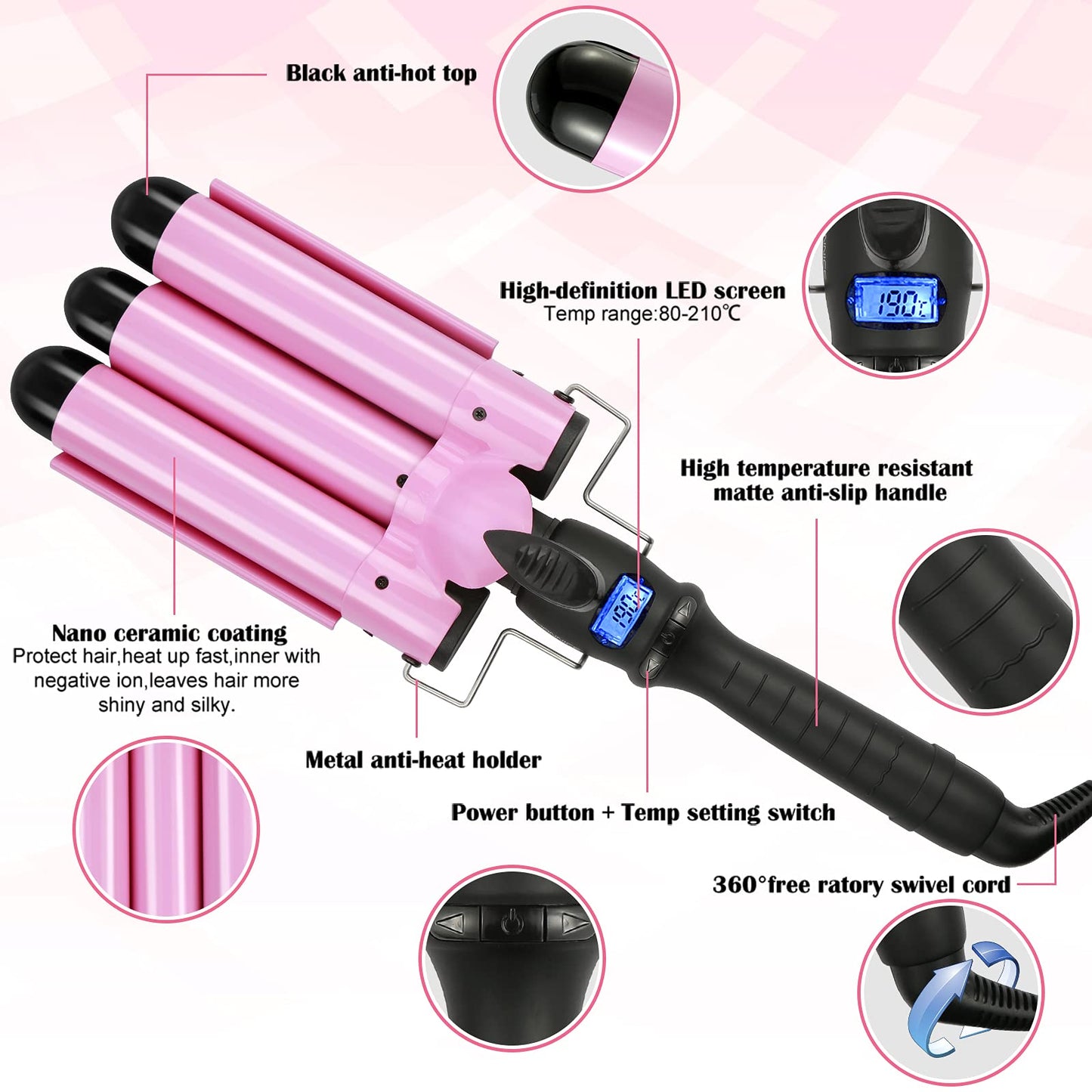 SOMOYA 3 Barrel Curling Iron, 1 Inch Hair Waver with LCD Display, Temperature Adjustable Ceramic Beach Hair Waver Wand for Women (1.26Inch, Pink)