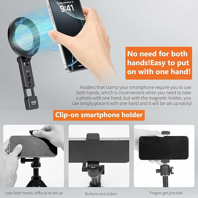 VRIG MG-23 Magnetic Phone Holder Compatible with Magsafe for iPhone 17 16 15 14 13 12 Pro Max Plus Series,Aluminum Tripod Mount Adapter with 1/4”-20 & Cold Shoe for Video Recording