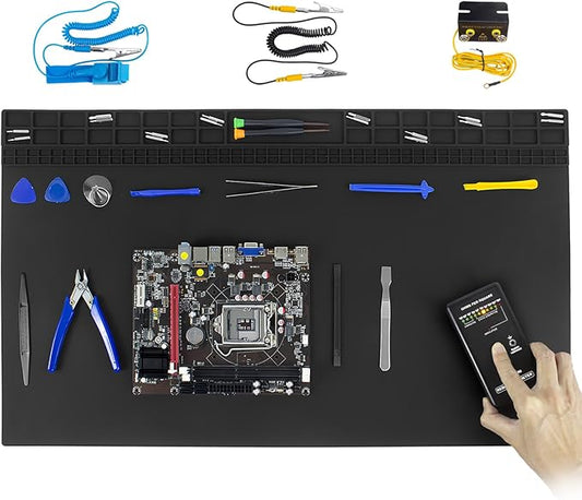 Anti Static Soldering Mat, Extra Large 27.6" x 15.7" Heat Resistant 932°F Large Silicone ESD Safe Work Mat with Grounding Accessories and Anti Static Wrist Strap (Black)