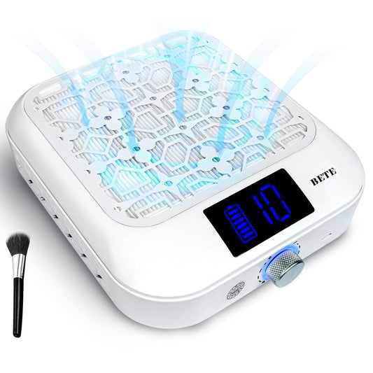 BETE Cordless Nail Dust Collector, 1800PA Powerful & Quiet Suction for Acrylic Nails Polishing, Rechargeable 6600mAh Battery with LED Display & Adjustable Speed, Perfect for Salon and Home Use, White