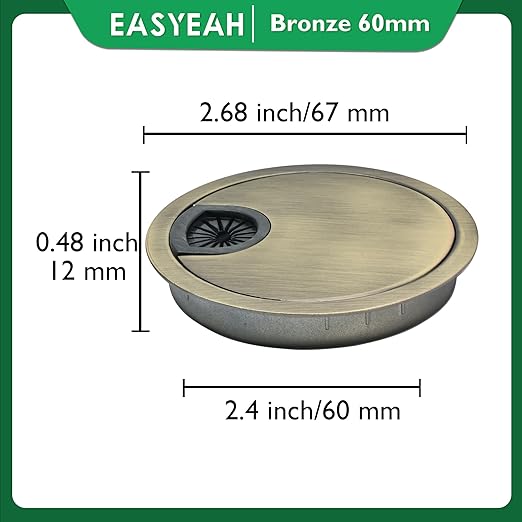 EASYEAH 1 Pcs Desk Grommet 2-3/8" / 60 mm, Desk Cord Hole Cover, Cable Grommet Metal Zinc Alloy Materilal, Desk Hole Grommet for Home & Office Pc, Detachable Cable Cord Organizer-Bronze