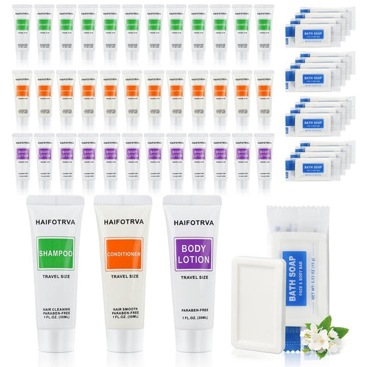 100 Pcs 4-IN-1 Hotel Soaps and Toiletries Bulk Set,4-Piece Set Mini Bulk Travel Size Toiletries Set 1 oz each Shampoo,Conditioner, Body Lotion and 0.53 oz Soap Hotel Supplies for Guests,Homeless