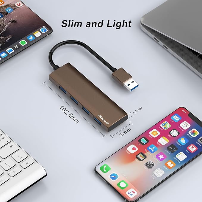 ANYPLUS USB Hub, USB 3.0 Hub Aluminum Alloy Ultra Slim USB Splitter, Portable 4 Port USB Extender, USB Hub for Laptop, PC, MacBook, iMac, Surface Pro, Mac Pro, Flash Drive, XPS【Brown】