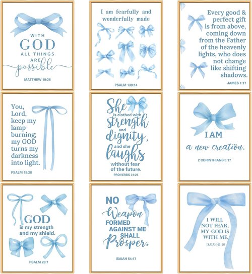 Chiisong Blue Bow Wall Art Decor - 9 Inspirational Bible Verse Poster Prints | 14 x 11'' Unframed for Girly Aesthetic Room