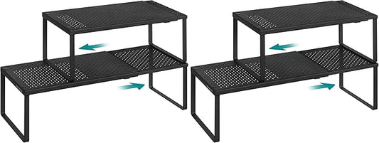 SONGMICS Set of 2 Expandable Pantry Kitchen Organizers, Adjustable Spice Rack, Stackable Cabinet Organizers, Metal, Space-Saving Tabletop Shelves, Matte Black UKCS402B01 (Pack of 2)