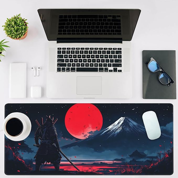 NIYLYNSYN Mouse Pad Large Samurai and Red Moon Non-Slip Game Desk Mat with Stitched Edge Laptop Keyboard Desk Pad for Work Home Gaming (35.4 x 15.7 Inches)