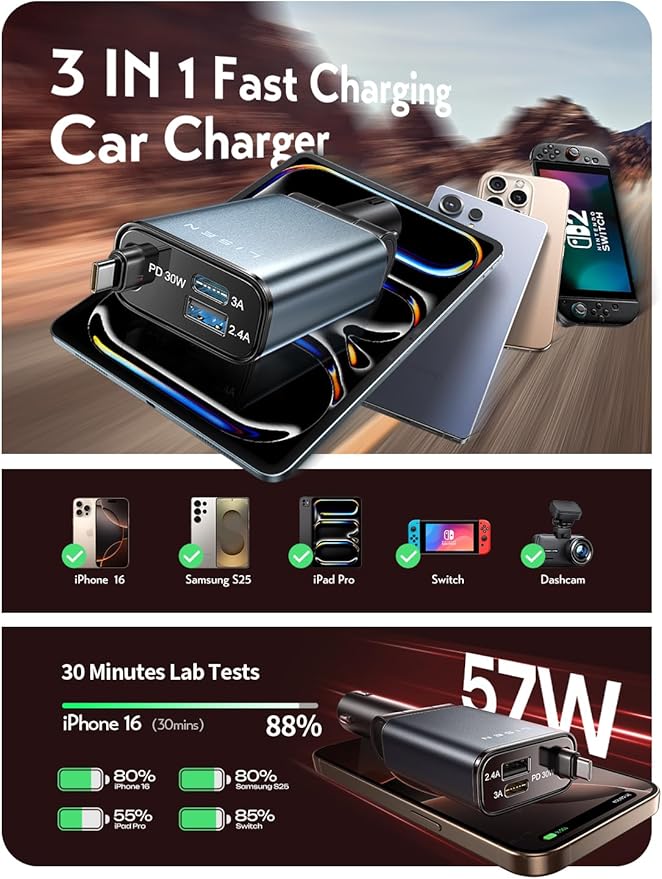 LISEN Car Charger USB C Fast Charge, [Single-Port] Retractable Car Charger USB C, RV Power Adapters for Women Men Phone Type C Charging for iPhone 17 Pro Max 16 15 Samsung S26 S25, MacBook Neo