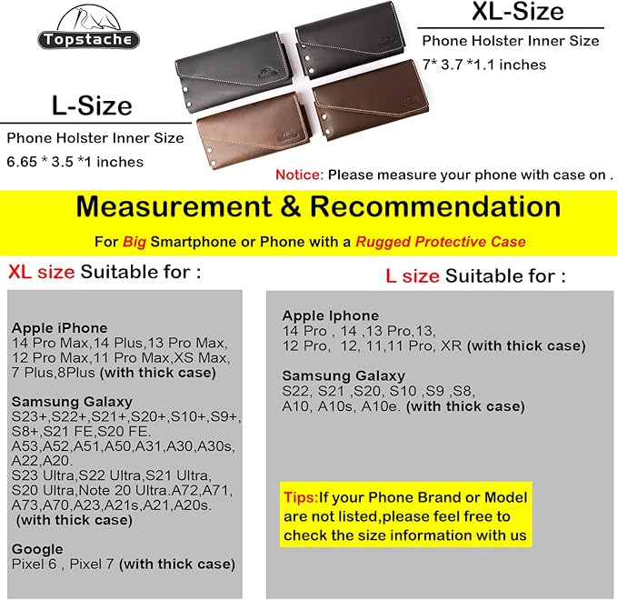 Topstache Leather Cell Phone Belt Holder for Galaxy S25/S24, iPhone 17/17 Pro - Belt Clip Leather Phone Holster - Fit with Protective Case - ID/Credit Card Holder Clip Pouch, L,Darkbrown
