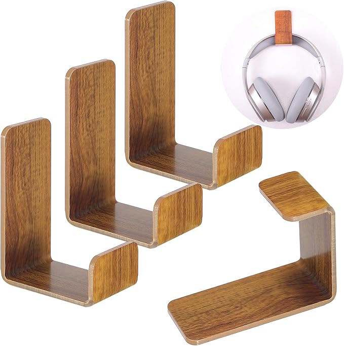 Weewooday 4 Pieces Headphone Hanger Headset Stand Holder Adhesive Wall Mount Headphone Hook for Desk Acrylic Gaming Earphones Hanger with Glues for Earphone Controller(Wood Grain Color)
