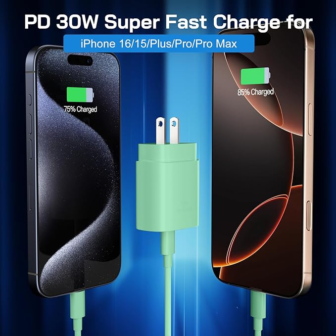 30W USB C i Phone 17 16 15 Charger Fast Charging, 2PACK Wall Charger for iPhone 16 15 Pro Max Charger Cord 10FT Fast Type C Block for iPhone 17 Pro Max/17 Air/16/15 Plus/15 Pro Max,i Pad Pro, Green