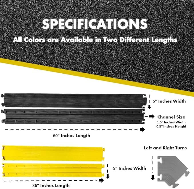 Kable Kontrol Drop Over Floor Cord Cover – 60” Inch Long 1 Channel Cable or Wire Protector – 10 Pcs Bulk Pack - Rubber Ramp for Indoor and Outdoor Use – Gray
