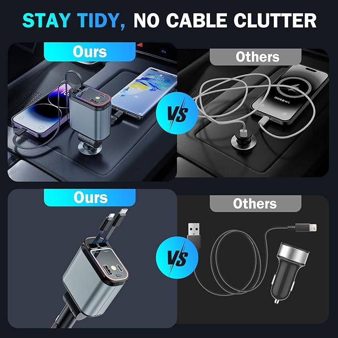 4 in 1 Retractable Car Chargers with Starlight, 66W USB C Fast Car Charger Adapter with 2 USB Ports Car Phone Chargers for All iPhone 16/15/14/13/12/11 and for All Android (Dark Grey - RedLight)